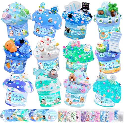 12-Pack Blue Slime Kit for Kids, Clear Butter Cloud Squishy Party Favor Set