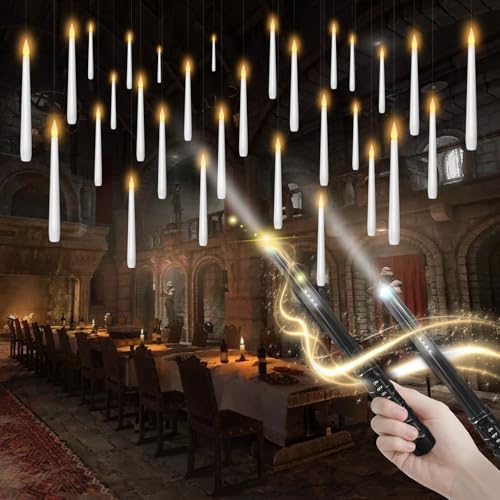 kakoya Flameless Floating Candles with Wand,30 Pcs Magic LED Hanging Taper Candles,Flickering Battery Operated Taper Candle w