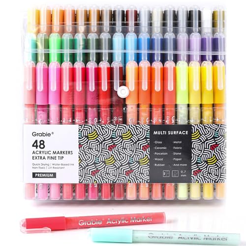 Grabie Pack of 48 Color Acrylic Paint Markers, 0.7mm Extra Fine Tip Pens