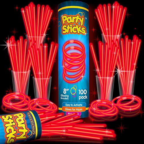 PartySticks Red Glow Sticks - 100pk, 8 Inch Glow in The Dark Light Up Sticks - Party Favors, Decorations, Necklaces and Brace