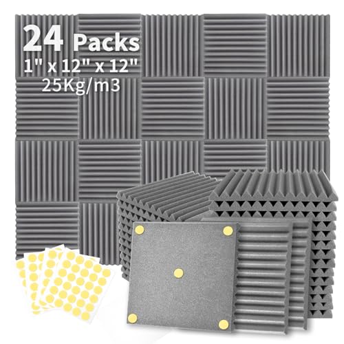 Focusound 24 Pack Grey Acoustic Foam Panels 1" x 12" x 12" Sound Proof Foam Panles Soundproofing Noise Cancelling Wedge Panel