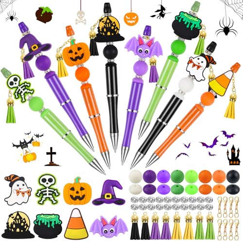 CZWZ Halloween Beadable Pens, Plastic Beadable Pens with 8 Pcs Multicolor Silicone Beads, Halloween Pumpkin Bat Skull Ghost W