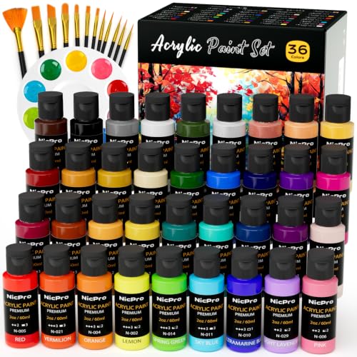 Nicpro Acrylic Paint Set 36 Colors 2oz with 12 Brushes & Palette