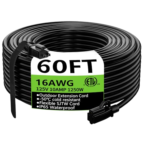 HUANCHAIN Indoor Outdoor Black Extension Cord 60 FT Waterproof 16/3 Gauge