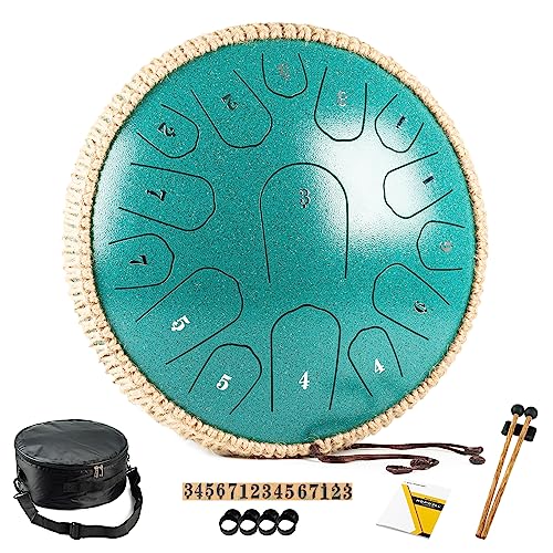 HOPWELL Steel Tongue Drum - 13 Inches 15 Notes Tongue Drum - Hand Pan Drum with Music Book, Handpan Drums Mallets and Carry B