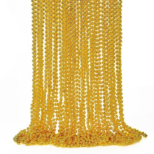 144PCS Mardi Gras Beads, Gold Bead Necklace Christmas Stuff, 33" Mardi Gras Beads Necklace Costume Bulk, Festival Parade Thro