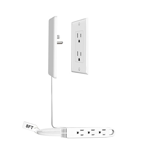 CABOCASA 8FT Flat Plug Extension Cord Power Strip 3 Outlets White Downward
