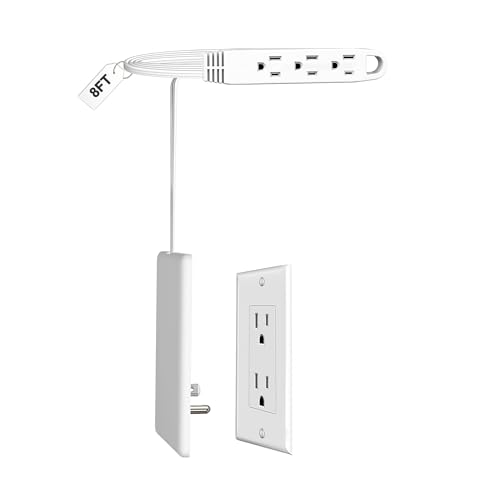 CABOCASA 8FT Flat Plug Extension Cord Power Strip 3 Outlets White Upward