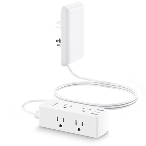 Olcorife Flat Extension Cord with Outlet Cover, Flat Plug Power Strip with 6 Outlets and 3 USB Ports, 5 FT Cord Hidden Outlet