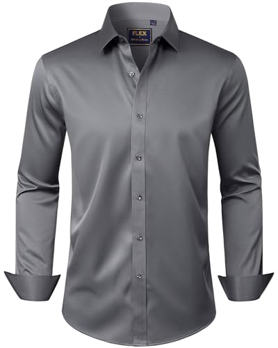 J.VER Men's Dress Shirts Solid Long Sleeve Stretch Wrinkle-Free Formal Shirt Business Casual Button Down Shirts Grey XXL Tall