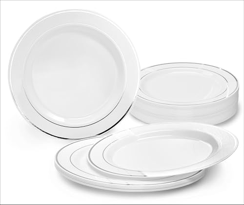 " OCCASIONS " 40 Plates Pack, Heavyweight Disposable Wedding Party Plastic Plates (7.5'' Appetizer/Dessert Plate, White & Sil