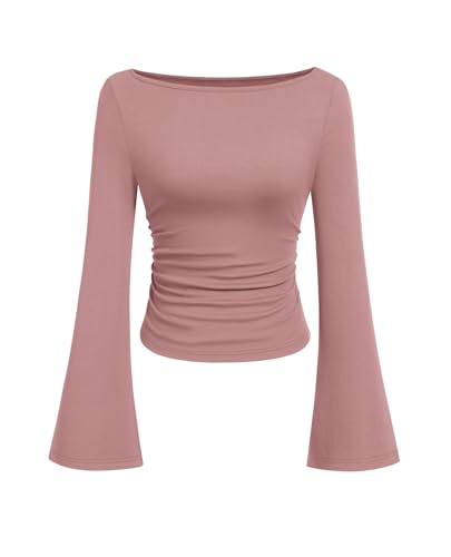 PRETTYGARDEN Womens Bell Long Sleeve Ribbed Knit Tops,Dusty Pink,M