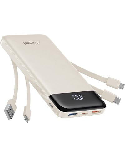 charmast Portable Charger with Built in Cables, Power Bank with Cords Wires, Slim 10000mAh Travel Battery Pack 6 Outputs 3 In