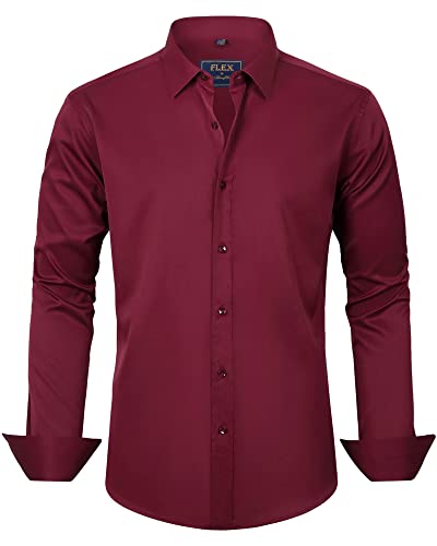 J.VER Men's Dress Shirts Solid Long Sleeve Stretch Wrinkle-Free Formal Shirt Business Casual Button Down Shirts Burgundy XL T