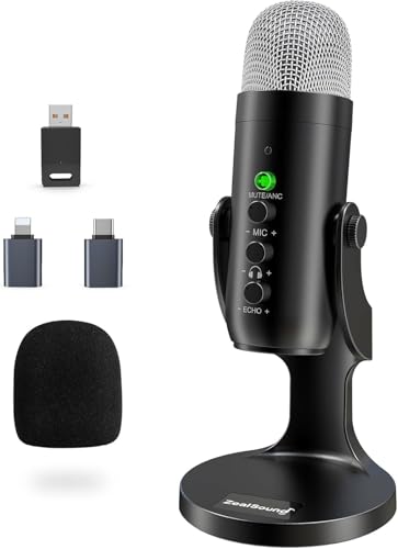 ZealSound Wireless Microphone for PC iPhone iPad & Android, Cordless USB Mic with Noise Cancellation, Mute, Gain, Echo & Zero