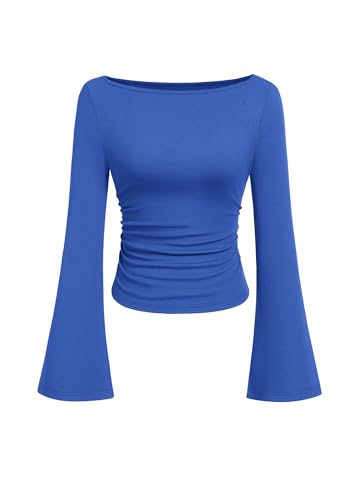 PRETTYGARDEN Womens Bell Long Sleeve Ribbed Knit Tops,Blue,XL