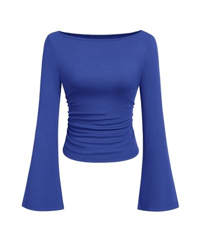 PRETTYGARDEN Womens Bell Long Sleeve Ribbed Knit Tops,Royal Blue,XXL