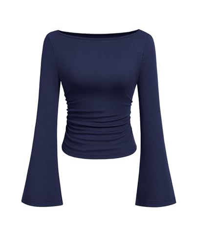 PRETTYGARDEN Womens Bell Long Sleeve Ribbed Knit Tops,Navy Blue,XS
