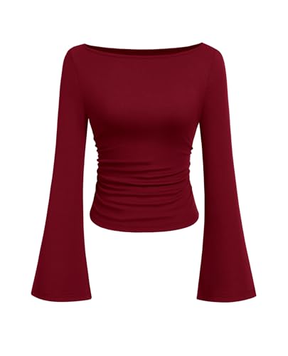 PRETTYGARDEN Womens Bell Long Sleeve Ribbed Knit Tops,Burgundy,XL