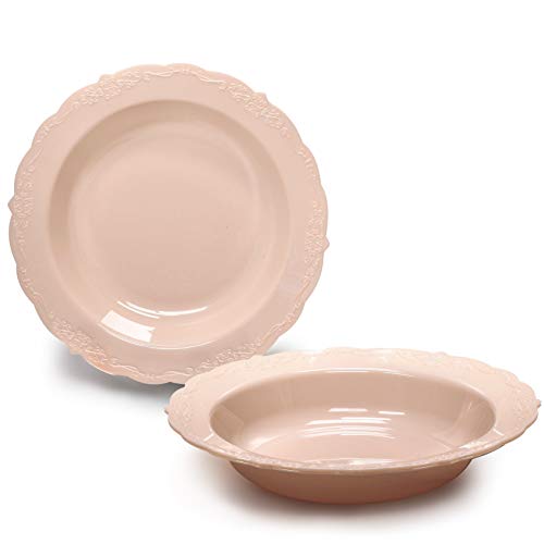 " OCCASIONS " 40 Pieces Plates Pack, Disposable Vintage Wedding Party Plastic Bowls (12 oz Soup Bowl, Verona in Blush)