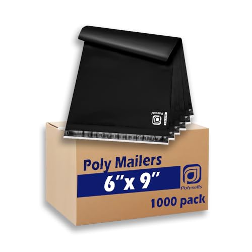 POLYSELLS 1000 pcs 6x9 Inches Black Poly Mailers Shipping Envelopes, Strong Adhesive Sealing, Waterproof, and Tear-resistant 