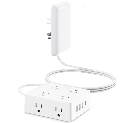 Olcorife Flat Extension Cord with Outlet Cover, Flat Plug Power Strip with 8 Outlets and 4 USB Ports, 5 FT Cord Hidden Outlet