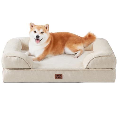 EHEYCIGA Orthopedic Dog Bed for Large Dogs, Waterproof Memory Foam, Non-Slip Bottom, Beige, 35"L x 22"W x 6.5"Th