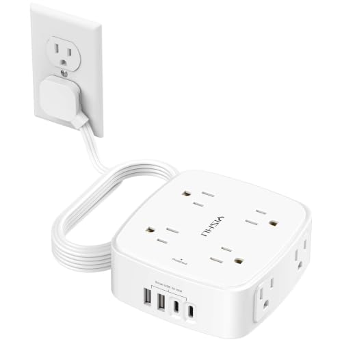 10 Ft Surge Protector Power Strip - YISHU 8 Widely Outlets with 4 USB Ports, 3 Side Outlet Extender with 10 Feet Flat Extensi