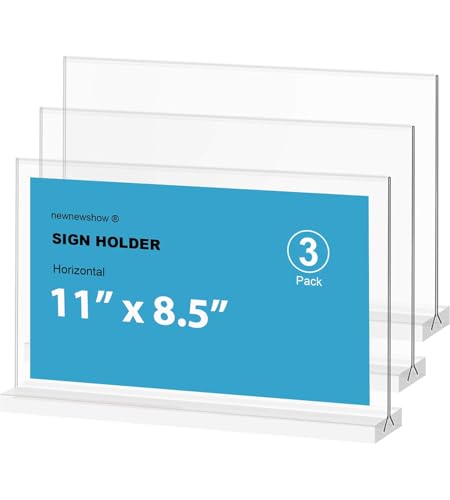 newnewshow Acrylic Sign Holder 11x8.5 Inch 3 Pack Horizontal T Shape Double-Sided Desktop Display Holder. (Optional 8.5x11 8.