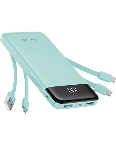 charmast Portable Charger with Built in Cables, Power Bank with Cords Wires, Slim 10000mAh Travel Battery Pack 6 Outputs 3 In