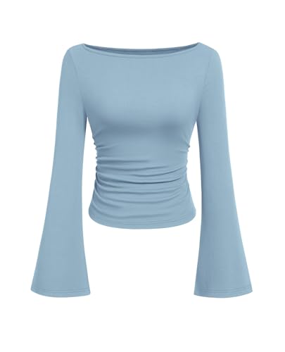 PRETTYGARDEN Womens Bell Long Sleeve Ribbed Knit Tops,Light Blue,XL