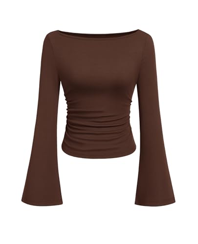 PRETTYGARDEN Womens Bell Long Sleeve Ribbed Knit Tops,Brown,XL