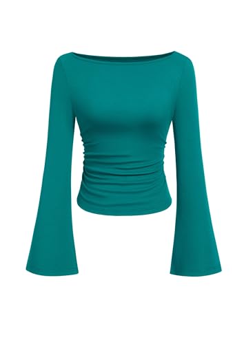 PRETTYGARDEN Womens Bell Long Sleeve Ribbed Knit Tops,Dark Cyan,XS