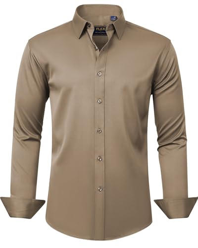 J.VER Men's Dress Shirts Solid Long Sleeve Stretch Wrinkle-Free Formal Shirt Business Casual Button Down Shirts Dark Khaki XL