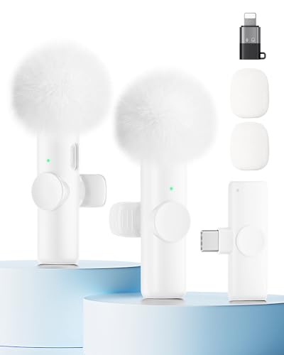 Wireless Microphone for iPhone iPad and Android Phone, 2 Pack Wireless Lavalier Lapel Mic with Noise Reduction, Plug and Play