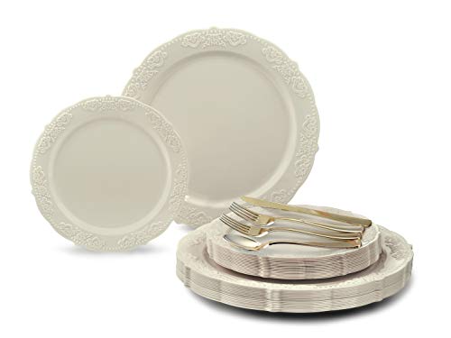 " OCCASIONS " 150 Piece set (25 Guests) Vintage Wedding Party Disposable Dinnerware Set Plastic Plates 10.25'', 7.5'' +Gold S