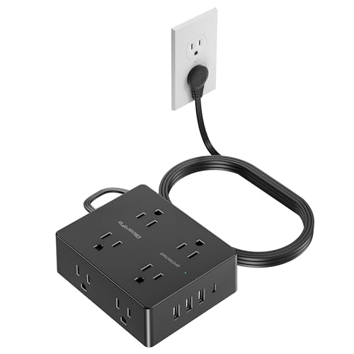 Olcorife Flat Plug Power Strip with 5 FT Extension Cord, 8 Outlets 4 USB Ports(1 USB C), 3 Sided Outlet Extender for Home Off