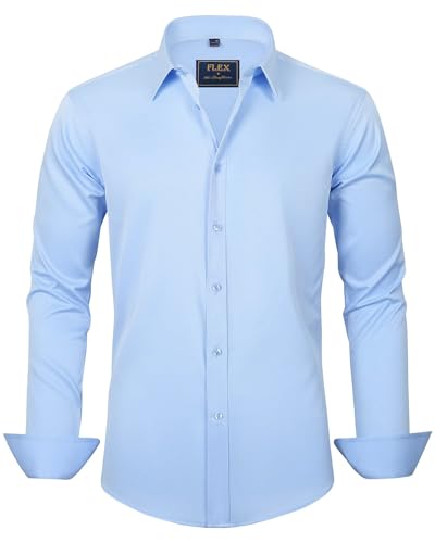 J.VER Men's Dress Shirts Solid Long Sleeve Stretch Wrinkle-Free Formal Shirt Business Casual Button Down Shirts Blue Large