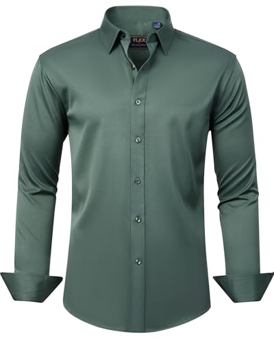 J.VER Men's Dress Shirts Solid Long Sleeve Stretch Wrinkle-Free Formal Shirt Business Casual Button Down Shirts Dark Green Me