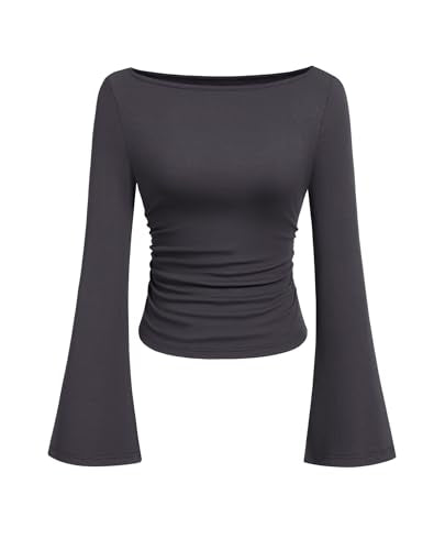 PRETTYGARDEN Womens Bell Long Sleeve Ribbed Knit Tops,Dark Grey,S