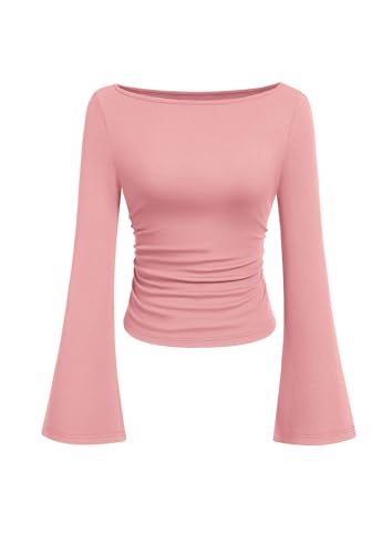 PRETTYGARDEN Womens Bell Long Sleeve Ribbed Knit Tops,Pink,XL