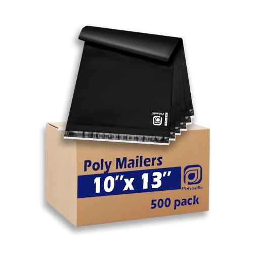 POLYSELLS 500 pcs 10x13 Inches Black Poly Mailers Shipping Envelopes, Strong Adhesive Sealing, Waterproof, and Tear-resistant