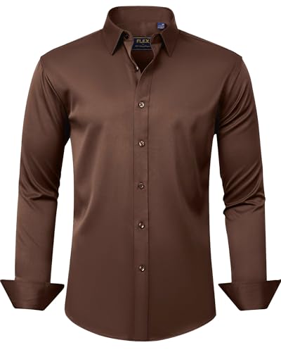 J.VER Men's Dress Shirts Solid Long Sleeve Stretch Wrinkle-Free Formal Shirt Business Casual Button Down Shirts Chocolate Bro