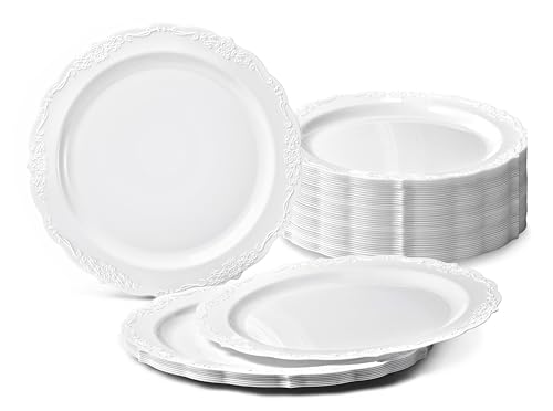 " OCCASIONS " 40 Plates Pack, Disposable Vintage Wedding Party Plastic Plates (10'' Dinner Plate, Verona in White)