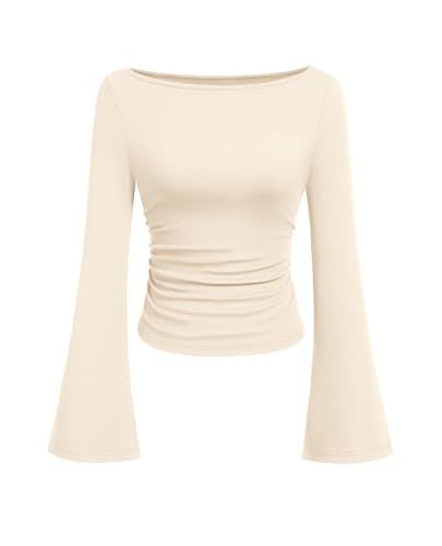 PRETTYGARDEN Womens Bell Long Sleeve Ribbed Knit Tops,Beige,XL