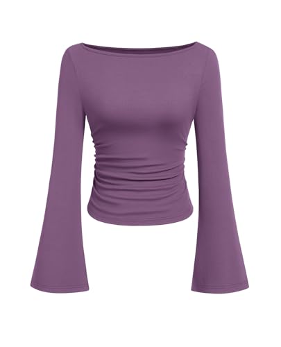 PRETTYGARDEN Womens Bell Long Sleeve Ribbed Knit Tops,Purple,XS