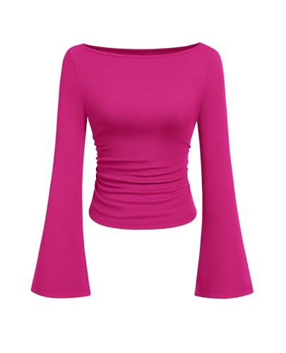 PRETTYGARDEN Womens Bell Long Sleeve Ribbed Knit Tops,Rose,L