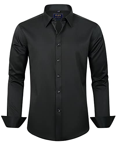 J.VER Men's Dress Shirts Solid Long Sleeve Stretch Wrinkle-Free Formal Shirt Business Casual Button Down Shirts Black XL