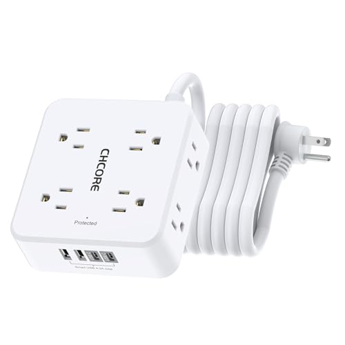 10Ft Surge Protector Power Strip - CHCORE Flat Plug Extension Cord with 8 Outlets and 4 USB Ports(2 USB C), 3 Side Wall Mount