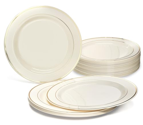 " OCCASIONS " 40 Plates Pack, Heavyweight Disposable Wedding Party Plastic Plates (7.5'' Appetizer/Dessert Plate, Ivory & Gol
